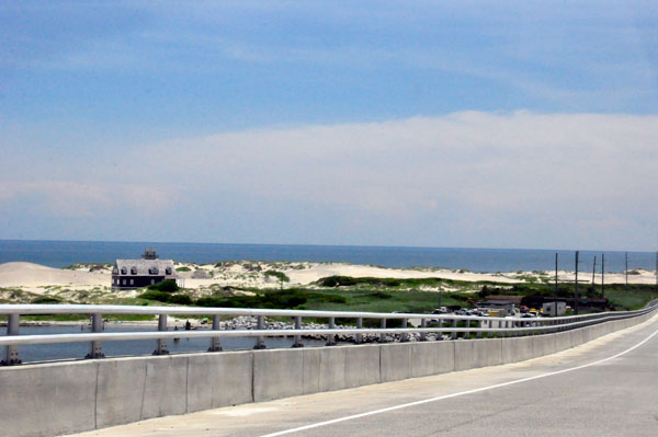 view of Pea Island Light from the bridge